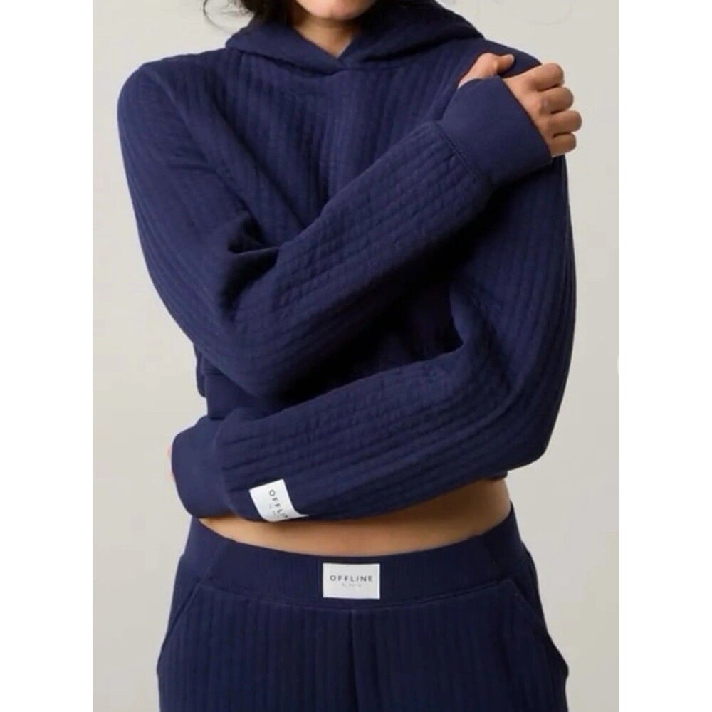 NWT OFFLINE Aerie Coffee Run Cropped Navy Quilted Hoodie Pullover Women Small